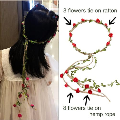 12PCS Multicolor Flower Crown Floral Headband Wreath Garland Headbands, 16 Pieces Flowers Tie on Ratton and Hemp Rope,Unique Design for Women Wedding Party Photo Props