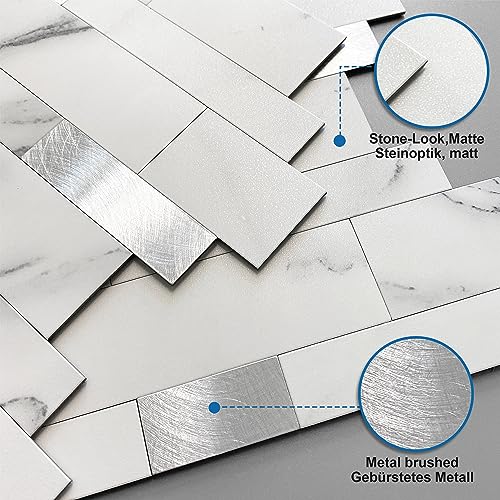 MOFIT Backsplash Tile for Kitchen Peel and Stick Stone Matte Finish,Bathroom Tiles Stickers 3D Wall Panel Linear Mosaic Marble Backsplash Waterproof(10sheets,White Silver) - color: White Silver, size: 10sheets