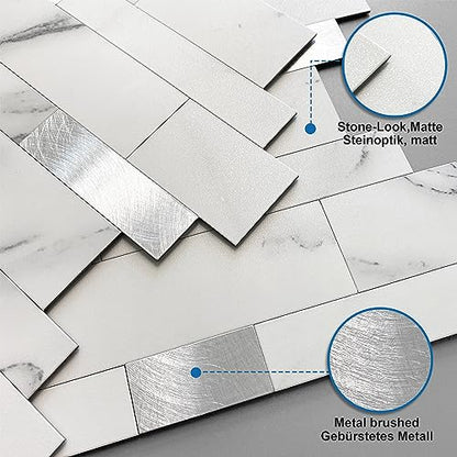 MOFIT Backsplash Tile for Kitchen Peel and Stick Stone Matte Finish,Bathroom Tiles Stickers 3D Wall Panel Linear Mosaic Marble Backsplash Waterproof(10sheets,White Silver) - color: White Silver, size: 10sheets