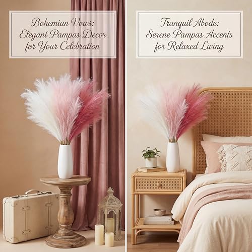 Pampas Grass Decor 30pcs 21.7 Inch, Faux Pampas Grass (White/Pink/Rose Red), Artificial Dried Flowers Look, Fluffy No Shedding for Boho Wedding Home Bedroom Vase Filler - size: Pink White Rose