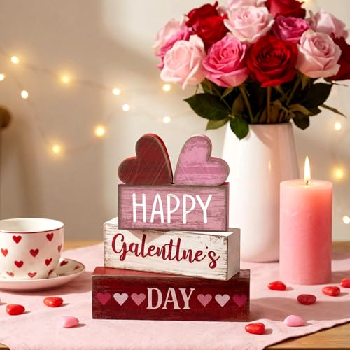 Yuntau 5 Pcs Happy Galentines Day Decorations Wooden Hearts Table Centerpiece Happy Galentines Day Party Table Sign for Valentines Tiered Tray Desk Mantle Shelf Decor - style: Hearts