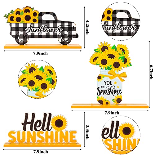 WATINC 3pcs Sunflower Wooden Table Centerpiece Sign Decoration, Hello Sunshine Wood Tabletop Signs, Summer Farmhouse Tiered Tray Table Topper Signs Decor for Home Kitchen Party Favor Photo Props