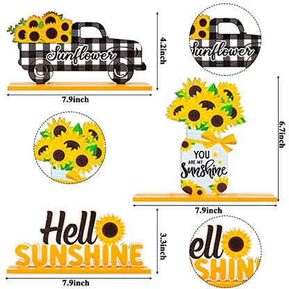 WATINC 3pcs Sunflower Wooden Table Centerpiece Sign Decoration, Hello Sunshine Wood Tabletop Signs, Summer Farmhouse Tiered Tray Table Topper Signs Decor for Home Kitchen Party Favor Photo Props