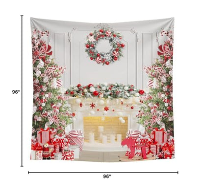 8x8 FT Christmas Fireplace Backdrop White Fireplace Red Xmas Tree Photography Background Winter Christmas Family Kids Holiday Party Theme Decorations Banner Photo Booth Props - size: 8x8 FT