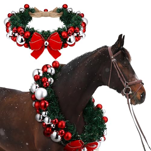 Dingion Christmas Wreath Horse Christmas Horses Neck Garland 16.9 Inches Artificial Outdoor Garland Horse Costume Rustic Farmhouse Decor for Xmas Holiday Party Parades Supplies(Xmas Bow Style) - style: Xmas Bow Style