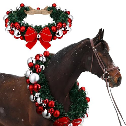 Dingion Christmas Wreath Horse Christmas Horses Neck Garland 16.9 Inches Artificial Outdoor Garland Horse Costume Rustic Farmhouse Decor for Xmas Holiday Party Parades Supplies(Xmas Bow Style) - style: Xmas Bow Style