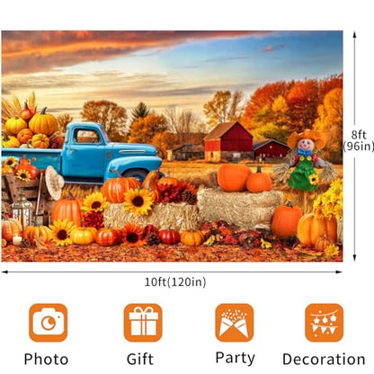 deFouliao Fall Backdrop for Photography Autumn Harvest Thanksgiving Maple Leaves Pumpkins Car Field Background Banner Thanksgiving Party Supplies Photo Booth Props, 10x8ft - color: Gold and Blue, size: 10x8ft