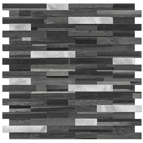 STICKGOO Peel and Stick Backsplash Tile, Stick on Backsplash for Kitchen and Bathroom, Black Grey Wood Look PVC Mixed Metal Silver Self Adhesive Wall Tiles(Sample) - color: Black Grey with Metal Silver