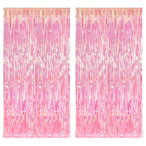 BRAVESHINE Clear Pink Streamers Party Decorations Iridescent Foil Fringe Backdrop - 2 Pack 3.2 x 6.5 ft Holographic Tinsel Curtain Party Photo Backdrop for Valentine’s Girl Birthdays Engagement Decor - color: Clear Pink