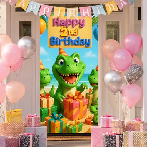HOMETITUTE 2nd Birthday Door Cover 71x35 Inch Dinosaur Theme Birthday Banner for Kids Party Decorations Beach Gift Backdrop Sign for Boys Girls Photo Booth Prop Wall Decor - color: Dinosaur Gift 2