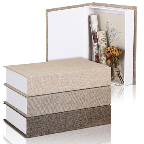 Tioncy 3 Pcs Fake Book Box Neutral Linen Book Box Decorative Faux Prop Storage for Farmhouse Home Decor shelf Table Card Photo DIY Keepsake Gift(8.6 x 6.1 x 1.8 Inch,Khaki, Dark Coffee, Light Coffee) - color: Khaki, Dark Coffee, Light Coffee, size: 8.6 x