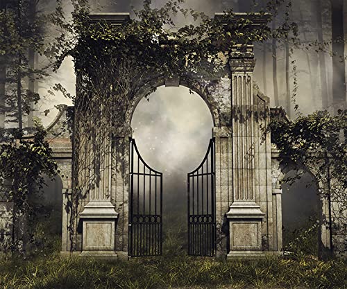 Gothic Palace Garden Backdrop Fabric 10x8ft Vintage Rose Ivy Arch Buliding Backdrop Fantasy Dark Forest Scene Background Birthday Wedding Party Decorations Girls Portrait Photo Booth Props - size: 10x8FT