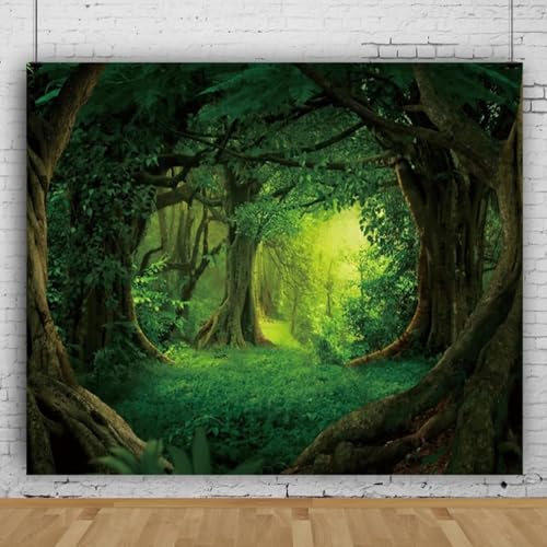 10x8ft Green Jungle Forest Backdrop for Birthday Enchanted Evergreen Forest Jungle Natural Scenery Photography Background Children Baby Wild One 1st Smash Church Sanctuary Decor - color: Green Jungle Forest, size: 10x8ft