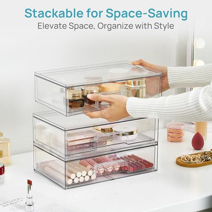 Vtopmart 12.1''W Clear Stackable Storage Drawers,2 Pack Acrylic Plastic Organizers Bins for Makeup Palettes, Cosmetics, and Beauty Supplies,Ideal for Vanity, Bathroom,Cabinet,Desk Organization - style: 2pack Wide