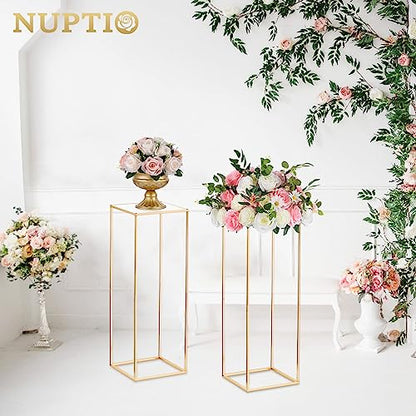 NUPTIO 2 Pcs Metal Flower Floor Vase Column Geometric Centerpieces Flower Stand for Tables, 31½ inch Tall Gold Flower Holder for Home Party Wedding Decorations, Rectangular Display Rack - size: 31½" H X 2 Pcs
