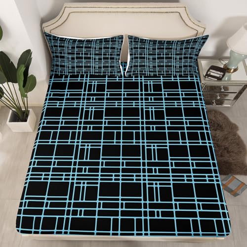 jejeloiu Black Blue Geometric Fitted Sheet Queen Size Kids Stereoscopic Square Bed Sheets Set for Boys Girls Teens Bedding Set Breathable Modern Minimalism Art Bedroom Decor - color: Black Blue, size: Queen