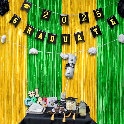 2 Pack Graduation Backdrop, Large Grad Decor 2026, Green Gold Graduation Photo Backdrop Fringe Curtains Party Streamer, Metallic Green and Gold Grad Decorations Class of 2026 - color: Green Gold, size: 2 PCS