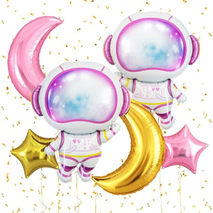 Pink Astronaut Balloons Set, 6 Pcs Space Balloon with Pink Gold Moon Star Balloon Helium for Girls Spaces Birthday Party Planet Theme Party Decoration Baby Shower Galaxy Planet Space Party Decorations - style: Pink Space