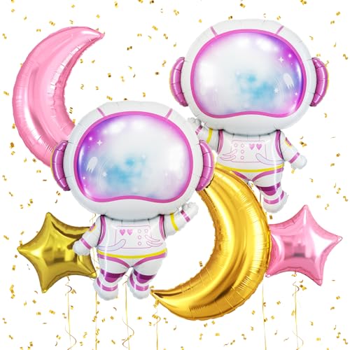 Pink Astronaut Balloons Set, 6 Pcs Space Balloon with Pink Gold Moon Star Balloon Helium for Girls Spaces Birthday Party Planet Theme Party Decoration Baby Shower Galaxy Planet Space Party Decorations - style: Pink Space