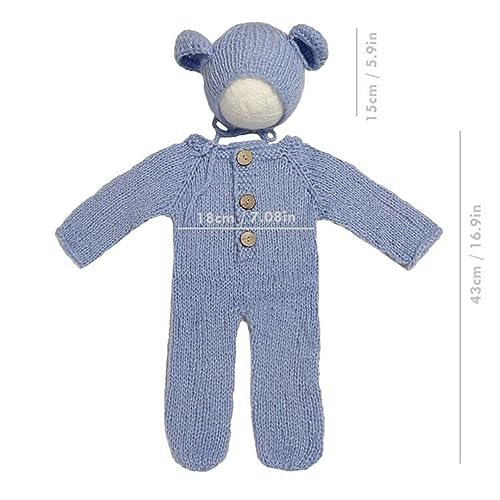 2Pcs Newborn Photography Props Boy Photo Posing Outfits Baby Photoshoots Girl Crochet Bear Hat Romper - color: Blue
