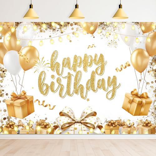 Newsely Gold and White Birthday Backdrop for Women 7Wx5H Photography Girls Happy Birthday Modern Elegant Balloon Background Sweet Gift Box Fashion Party Decorations Banner Photo Booth Props Supplies - color: J-Gold, size: 7Wx5H