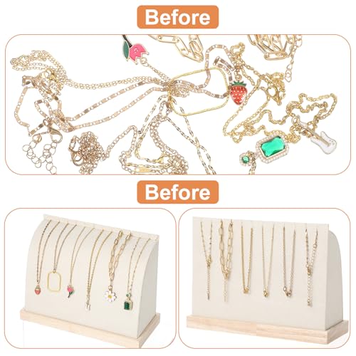 2 Pieces Cambered Wooden Necklace Display Stand with Soft Mat Necklace Holder Jewelry Display Beige Velvet Jewelry Organizer for Countertop Boutique Home
