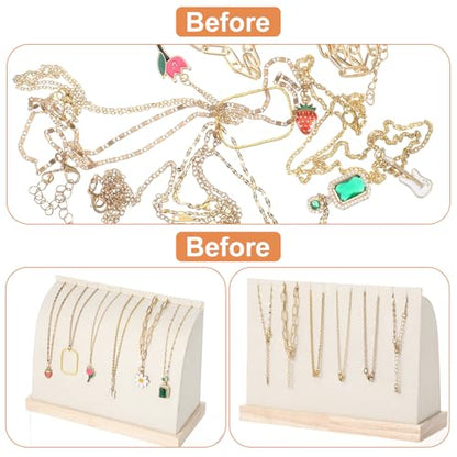 2 Pieces Cambered Wooden Necklace Display Stand with Soft Mat Necklace Holder Jewelry Display Beige Velvet Jewelry Organizer for Countertop Boutique Home