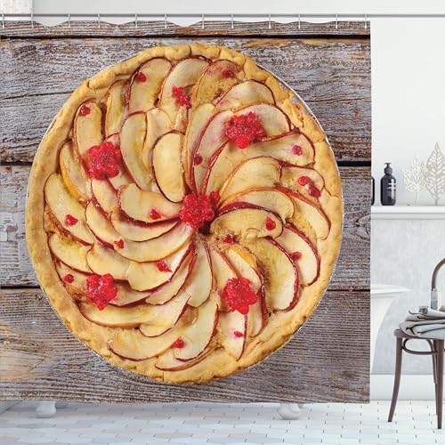 Ambesonne Dessert Shower Curtain, Photo of an Apple Pie with Raspberries on a Rustic Background Printwork, Cloth Fabric Bathroom Decor Set with Hooks, 69" W x 70" L, Pastel Brown and Ruby - color: Pastel Brown and Ruby, size: 69" W x 70" L