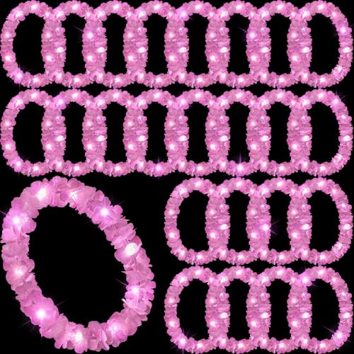 Sherr 24 Pcs LED Light Pink Leis Light up Wedding Hawaiian Leis Flower Necklace with LED Lights Beach Tropical Carnival Party Wedding Supplies Luau for Masquerade - color: Baby Pink