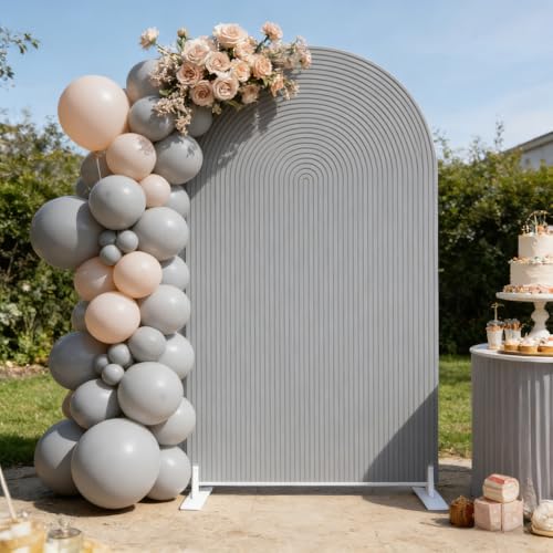 Double-Sided Arch Frame Fabric Cover Beige White Ripples Arched Panel Stand Cover for Wedding Birthday Baby Shower Parties Decoration (Grey-HP813,4X7ft) - color: Grey-HP813, size: 4X7ft