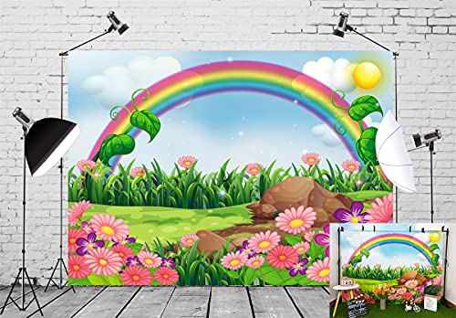 BELECO 10x8ft Fabric Rainbow and Sun Backdrop Enchanting Flowers Garden with Rainbow Cartoon Spring Photography Backdrop for Party Decoration Birthday Kids Boy Girl Baby Shower Photoshoot Photo Props - size: 10x8FT