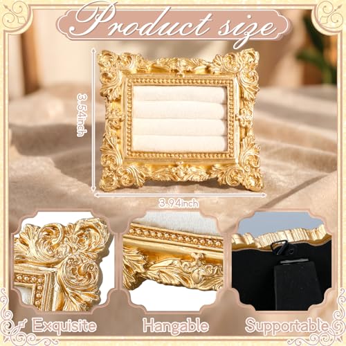 Liliaafar Vintage Ring Holder Wide Gold Ring Wedding Display Suede Jewelry Box Stand Frame Earring Tray Anniversary Engagement Baroque Organizer Photograph Prop for Women Birthday Gifts - color: Gold, style: Wide