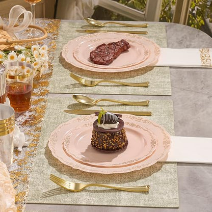 Fijinhom 175 PCS Pink Disposable Plates, Elegant Dinnerware Set for 25 Guests, 50 Plastic Plates, 75 Silverware, 25 Cups & 25 Paper Napkins, Pink - color: Pink Gold Pattern, size: 25 Guests-175pcs