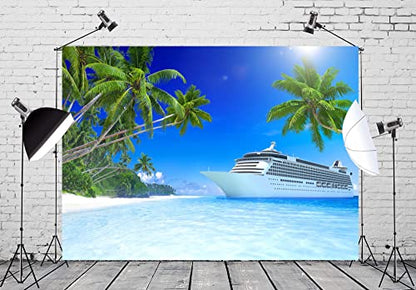 BELECO Luxury Cruise Ship Backdrop Fabric 7x5ft Cruise Backdrop for Photography Tropical Ocean Island Caribbean Sea Coconut Palm Trees Cruise Party Background Hawaiian Luau Summer Photo Studio Props - size: 7x5FT
