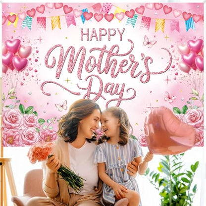 Happy Mother's Day Backdrop 7x5ft Pink Rose Floral Polyester Photography Background for Party Photo Booth Studio Banner Photoshoot Decoration - size: 7x5FT