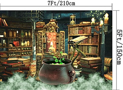 Halloween Photography Backdrop Witch Magic Cauldron Bookshelf in Spooky Room Party Decoration Portrait Background Vinyl Photo Studio Booth Props PGT646A 7x5ft - size: 7'X5'
