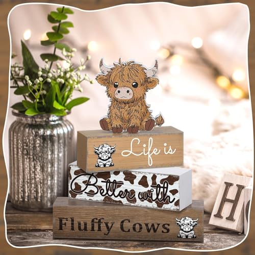 Geelin 4 Pcs Highland Cow Table Decorations Cow Wooden Signs Rustic Tiered Tray Decor Western Tabletop Centerpieces Farmhouse Highland Decor for Home Desk Room Kitchen Shelf - style: Cattle