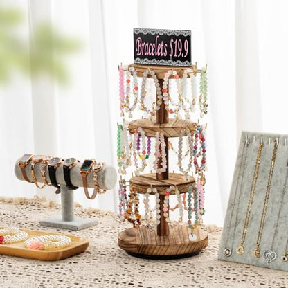 Pinzoveco Bracelet Holder, 3 Tier Wooden Rotating Bracelet Display Stand, Tree Stand Vendor Booth Display with Adversitsing Board, 36 Hooks for Bracelet, KeyChain Display Stands for Selling, Brown (Patent Pending) - color: Carbonized Brown