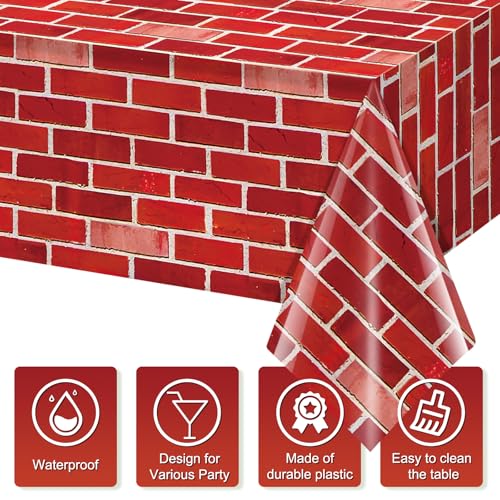3 Pack 108x54 inch Red Brick Tablecloth,Brick Wrapping Wallpaper Backdrop Disposable Plastic Rectangular Table Covers Background for School Home Birthday Holiday Halloween Christmas Decorations