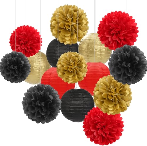 Red-Black Gold Party-Decorations Paper Flowers Lanterns - 15PCS Casino Theme Halloween Tissue Pom Poms Streamers,Game Night Women Men Birthday Wedding Bachelorette Hanging Supplies Decor Hugfond - color: Red Black Gold