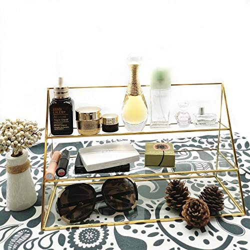 Yamfurvo 3-Tier Glass Triangular Prism Shaped Home or Retail Display Showcases, Jewelry Display Stands with Vintage Style Brass Tone Metal Frame (Large)