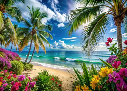 Summer sea Backdrop Tropical Beach Plants Photo Backdrop Hawaiian Ocean Blue Sky Background for Theme Party Supplies Studio Props 10x8ft - size: 10x8ft