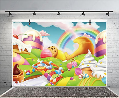 AOFOTO 7x5ft Candyland Backdrop Fantasy Giant Lollipop Candy Land Candy Themed Party Decorations Banner Cartoon Rainbow Ice Cream Dessert Shop Decor Background Kids Baby Birthday Photoshoot Props - size: 7x5ft
