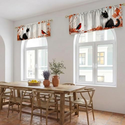 Cat Curtains, Two-Pack, Autumn Cozy Winter Forest Snow, Suitable for Kitchen, Bathroom, Bedroom, 54x18 inches. - color: Cat