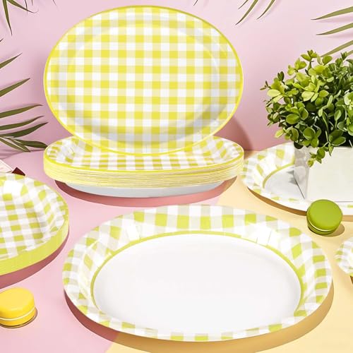 50Pcs Yellow Gingham Oval Paper Plates 10"x12" Large Yellow and White Buffalo Checkered Plaid Plates Disposable Heavy Duty Gingham Party Supplies for Picnic BBQ Baby Shower Birthday Party Decorations - style: 50Pcs Yellow Gingham Oval Plates