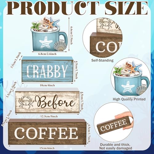 Lineshading 4 Pcs Summer Table Decorations Wooden Beach Coffee Decor Summer Tiered Tray Decor Farmhouse Crabby Before Coffee Crab Block Signs Gifts for Beach Nautical Party Home Office Decorations - style: Beach Coffee