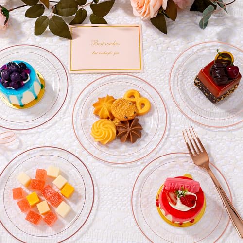 bUCLA 100PCS Clear Rose Gold Plastic Plates Disposable - Heavy Duty 6.25 Inch Clear Plastic Dessert Plates with Rose Gold Trim - Ideal for Party, Wedding & Mother's Day - color: Clear Rose Gold