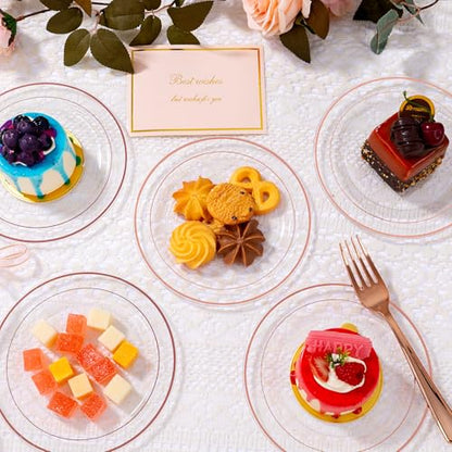 bUCLA 100PCS Clear Rose Gold Plastic Plates Disposable - Heavy Duty 6.25 Inch Clear Plastic Dessert Plates with Rose Gold Trim - Ideal for Party, Wedding & Mother's Day - color: Clear Rose Gold