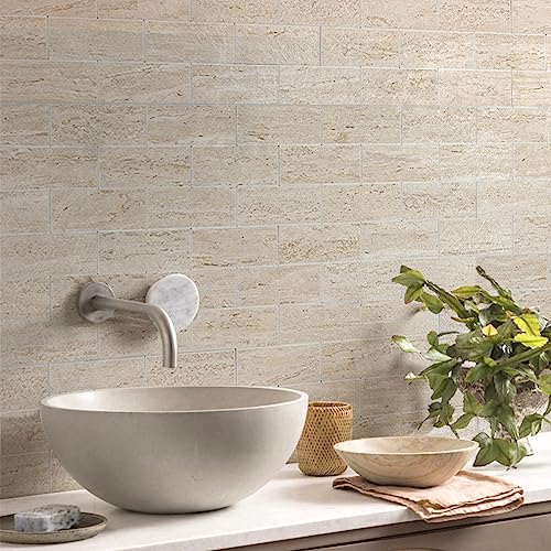 20-Sheet Greek Beige Sandstone Peel and Stick Backsplash - 13.5" x 5.8" Thickened 3D Subway Tile - 1.4X Coverage Area Grout-Free Wall Tiles for Kitchen & Bathroom (9.2 Sq.Ft) - color: Beige Sandstone Texture