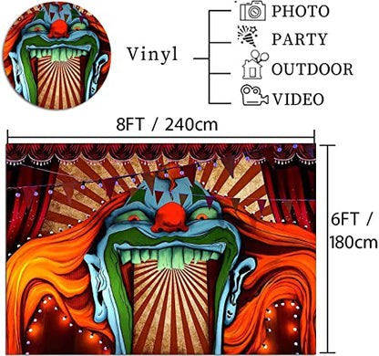 Vinyl 8X6FT Scary Giant Clown Photography Backdrop Red White Stripe Carnival Photo Background Photo Booth Studio Props Supplies Horror Circus Haunted House Halloween Party Banner Decorations - size: 8x6ft
